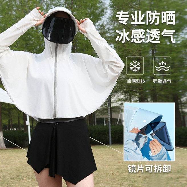 專業防曬冰感透氣連帽披肩，防紫外線，騎行適用, 白色大帽檐（鏡片款）, 均碼（80-160斤）