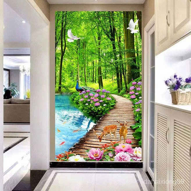 뮤럴벽지 3D셀프스티커 현관 세로판 스티커 대나무숲 풍경 벽면 스티커, C10, 폭 80cm * 높이 160cm