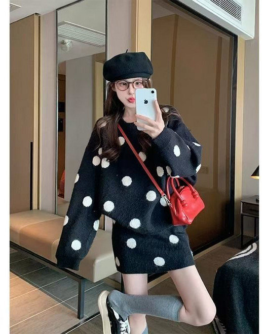 여성 니트 상의 + 스커트 세트 여성 봄 가을 패션 캐주얼 루즈핏 니트 상의 도트 스커트 투피스 세트 LT