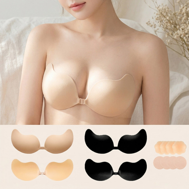ZHEYE 접착식 볼륨브라 왕뽕 누드브라 웨딩 접착 앞후크 오프숄더 브라 1+1