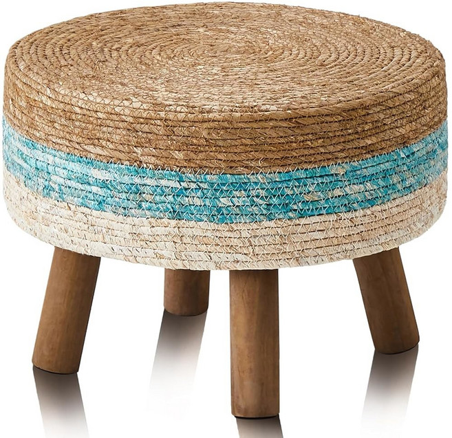 위마르스본 푸프 오스만 4개의 나무 다리가 있는 둥근 발판 수제 천연 짚 발판 액센트 배니티 의자 다기능 모던 드레싱 의자 침실용 소파 사이드 테이블(레이크 블루), 레이크 블루