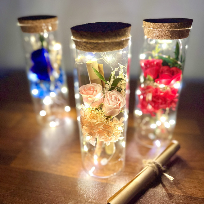 프렌치로즈 시들지않는꽃 LED유리병 편지지 세트, 핑크프리저브드플라워