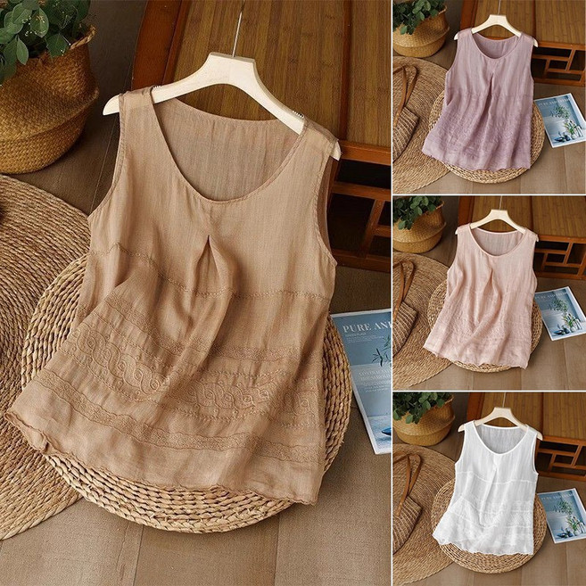 면 마 자수 나시 티셔츠 여름 날씬해 라운드 민소매 이너 블라우스 린넨티셔츠