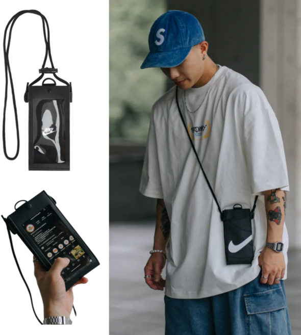 나이키 폰케이스 백 크로스 바디백 미니 가방 스마트 터치 휴대폰 목걸이 카드수납, 1개, 블랙