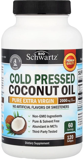 BioSchwartz 냉압착 코코넛오일 퓨어 엑스트라 버진 소프트젤 120정(소프트젤 1정당 1 000mg) BioSchwartz (바이오슈워츠), 1개 - 쿠팡