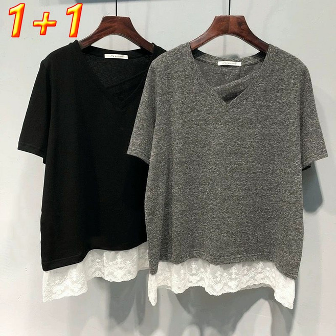 WEIHAN 빅사이즈 여성용 레이스 프릴 브이넥 반팔티 캐주얼 배색 여자 티셔츠 2장세트