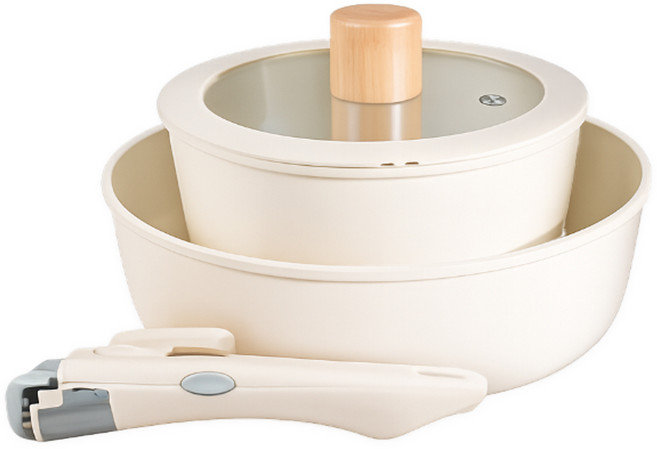 인덕션 겸용 멀티핸들 4종 세트 프라이팬 냄비 겸용 다용도 호환 세트 홈쿠킹 주방용품, 1호(아이보리), 1세트, 프라이팬+매직핸즈+냄비+뚜껑