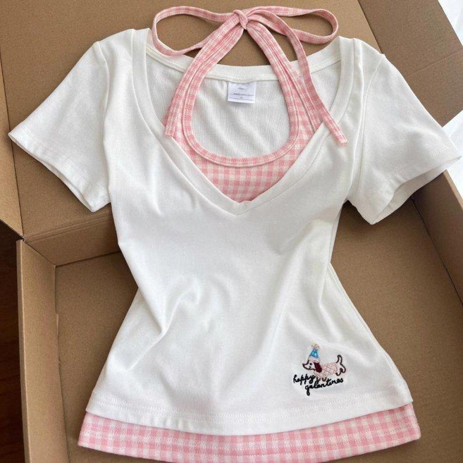 COSYEVNO 반팔 티셔츠 슬림핏 자수 레이어드 데일리룩 여성 홀터넥 상의