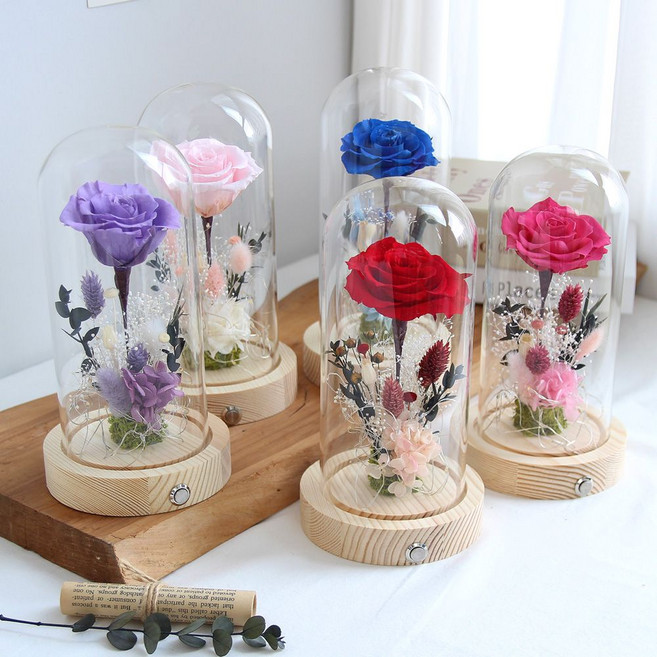 [굿야드] 장미LED 유리돔 프리저브드플라워 무드등_ 250204, 블루