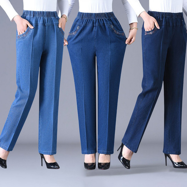 MOSAIRATION 여성 밴딩 허리 탄력 편안한 데님 팬츠 루즈핏 빅사이즈 스트레이트 바지 F00112022