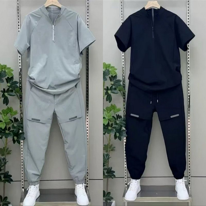 남성 반집업 반팔티 루즈핏 배기 팬츠 투피스 여름 쿨 냉감 통기성 망사 트레이닝복 세트