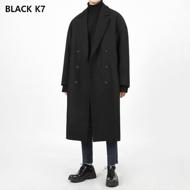 BLACK K7 남성 가을 겨울 고급 오버핏 더블 롱코트