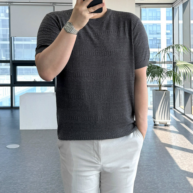 룩플레인 시원한 텐셀 원단 입체 케이블 여름 반팔 니트 4color