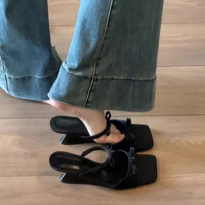 슬림소녀 여성 여름 리본 디자인 스퀘어 웨지 샌들 일자 스트랩 힐 아웃도어용