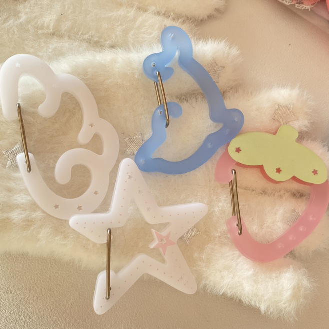 귀여운 파스텔톤 딸기 돌핀 별 구름 카라비너 키링 4종 세트, 1세트, 화이트+화이트+블루+핑크