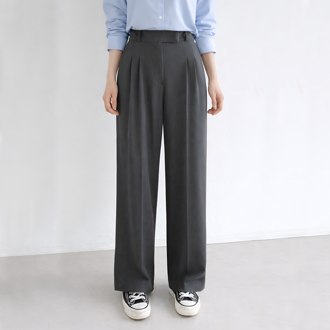 베이직바이블 여성 밴딩 하이웨스트 사방스판 쫀쫀 핀턱 와이드 슬랙스 여자 슬렉스 여성 바지 캐주얼 정장바지 베이지 팬츠