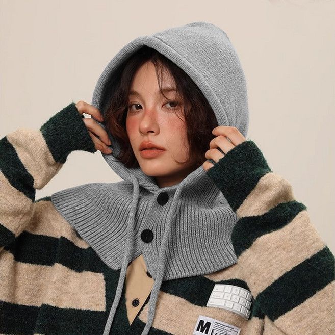 패션파트너 남녀공용 스트링 후드 모자 바라클라바 단추 니트 넥 워머