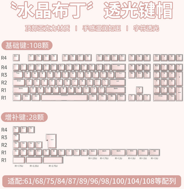 RJBE 雙色註塑 PC 鍵帽 果凍布丁壓克力 適用 68/75/84/87/108 鍵, 鏡空粉【136顆盒裝】-贈拔鍵器