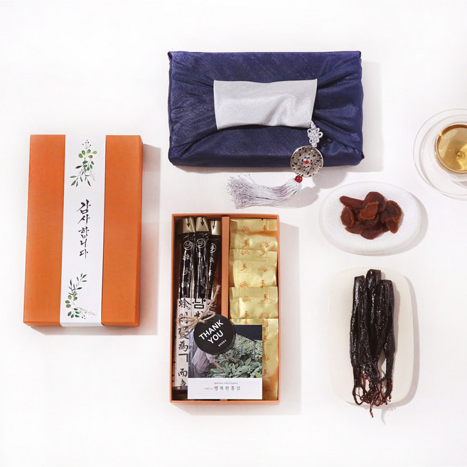 국산 고려 홍삼 정과100g+홍삼 절편100g 답례품 선물 세트 보자기(네이비+노리개) 쇼핑백 포함, 200g, 1개, 고맙습니다