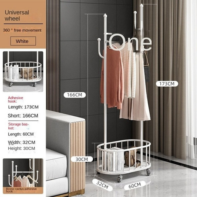 파이프 조립 행거봉 드레스룸 바퀴가 달린 이동식 금속 철 아트 코트 랙 침실 바닥 현대, white 60x173cm