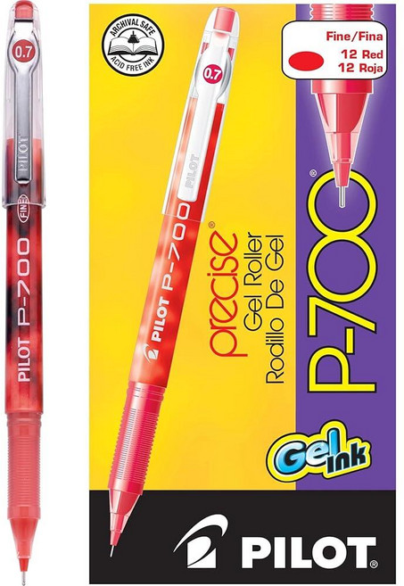 Pilot Precise P-700 젤 잉크 롤링 볼 스틱 펜 마블 배럴 파인 포인트 0.7mm 레드 12개 팩 283190