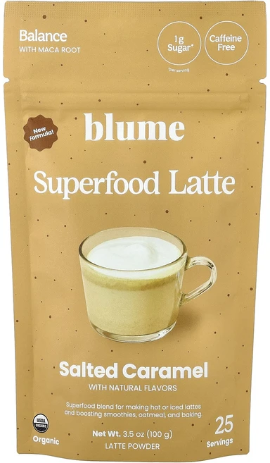 메이커제품입니다 Blume 슈퍼 푸드 라떼 솔티드 캐러멜 카페인 무함유 100g(3.5oz) 좋은효과를 보실수있습니다, 1개, 1개입, 100g - 쿠팡