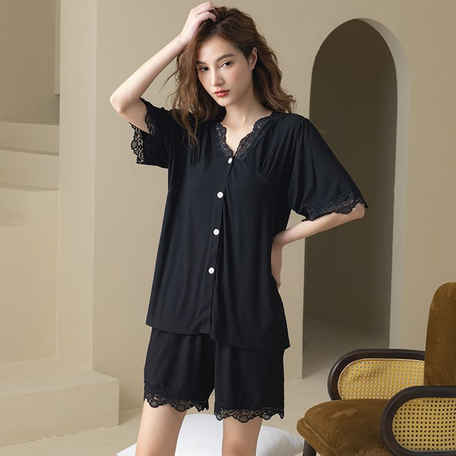 옌츠 빅 사이즈 여자 여름 냉장고 잠옷 얇은 반팔 반바지 홈웨어 세트 CY305