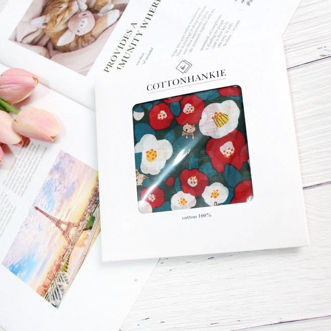 렌느 여성손수건 국산 아사 가제 면 미니 쁘띠스카프 목손수건 케이스포장 플라워 꽃무늬