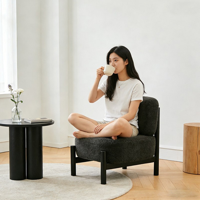 양털 원단 소파 의자 한번 앉으면 못 일어나는 부드러운 힐링 1인용 등받이 낮은 의자, 블랙, 1개