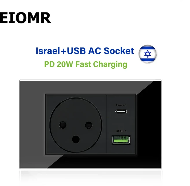 EIOMR 이스라엘 USB 타입 C 고속 충전 벽 소켓 11875mm 블랙 강화 유리 위성 TV 도어벨 기계식 조명 스위치, 07 Israel 20W AC