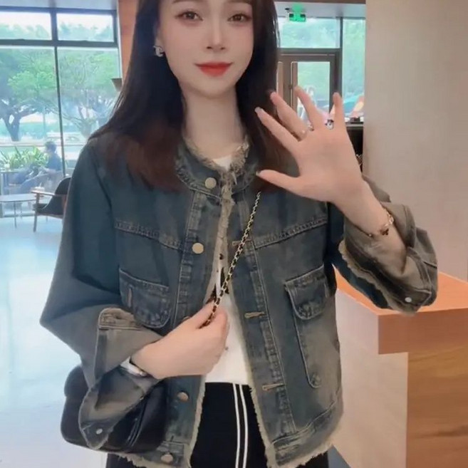 봄 가을 여자 청자켓 빈티지 워싱 데님 코트 차이나넥 캐주얼 루즈핏 여성 데님 자켓 아우터 YJW