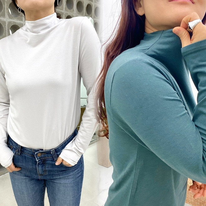 여성 면 스판 반목폴라 목티 긴팔 무지 얇은 목폴라