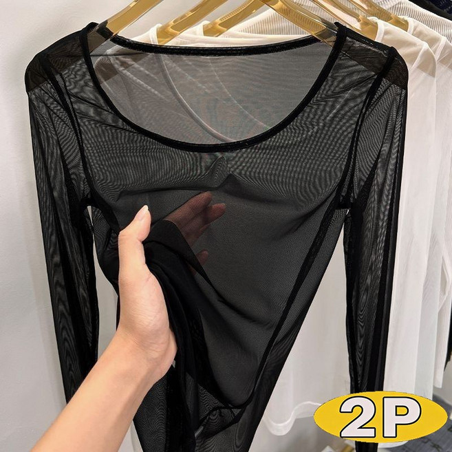 여성 시스루 망사 이너티 슬림 스판 긴팔 블라우스 레이어드 티셔츠