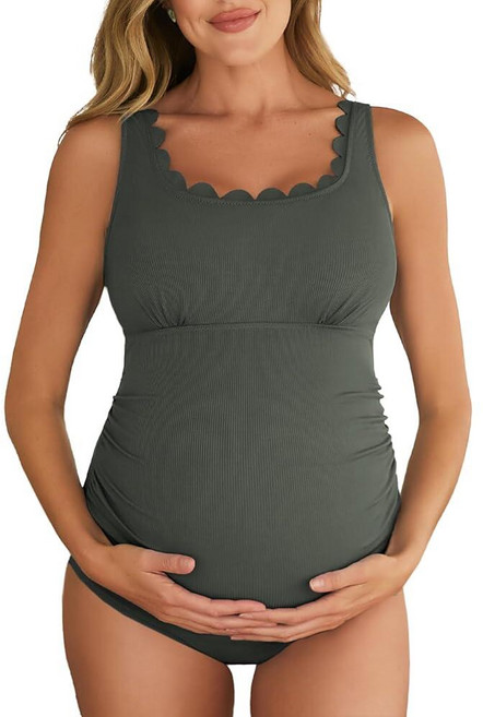 Summer Mae Ribbed Maternity One Piece Swimsuit Scalloped Cut Out Pregnancy Bathing Suit Square Nec
