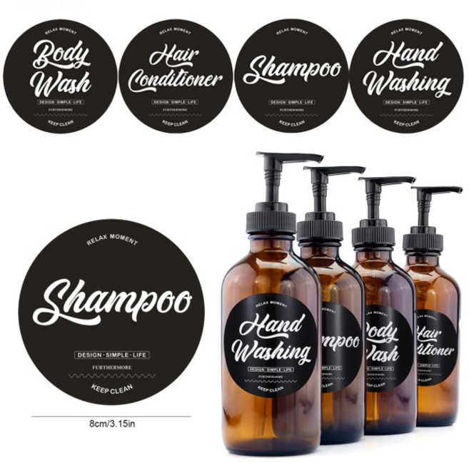 둥근 모양 병 라벨 인쇄 손 세척 바디 워시 헤어 컨디셔너 샴푸 장식 자체 접착 스티커 4 개