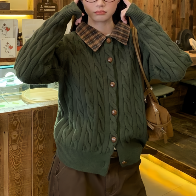 Makone 여성 레이어드 체크 카라넥 꽈베기 패션 니트 가디건