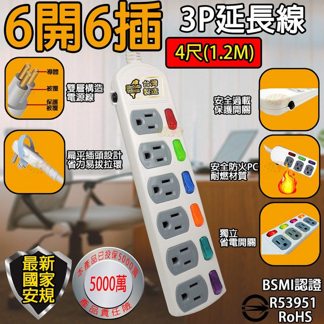 《台灣製造》新安規 3P電腦1.2m 安全過載自動斷電BSMI字號R53951, 1個, 6開6插4尺1.2M延長線(扁平插頭)