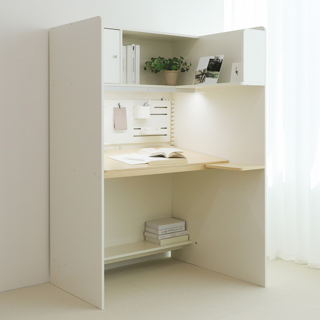 스터디스타 와이드 1000 독서실책상 크림화이트 자작나무 오른쪽선반, 와이드 플라이트 LED, 스마트패널 + 독서용 책거치대, 집중력보호 광목커튼