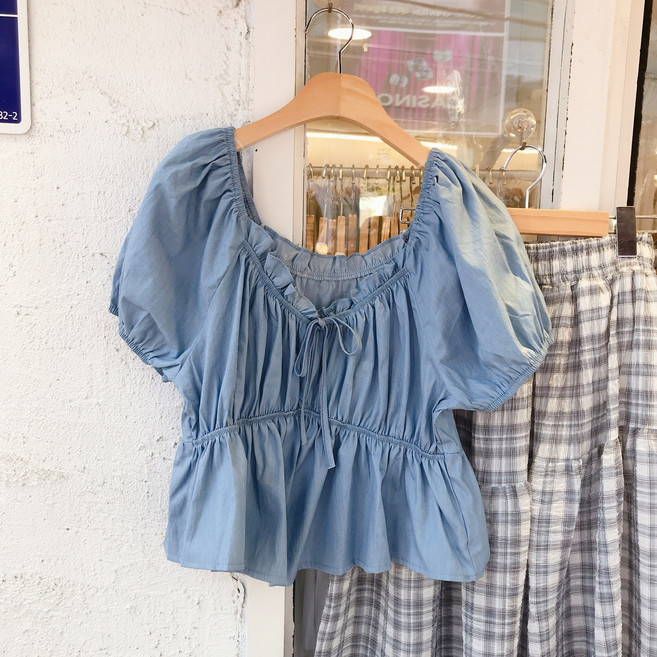 플랜데이 여성용 스모킹주름 퍼프 소매 오프숄더 데님 반팔 블라우스