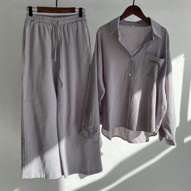 TIMEPURE 1+1 여름 가을 여성 캐주얼 셔츠+와이드 팬츠 여 2피스 와이드 면마 셔츠 세트 하이웨스트 편안한 통기 윗단추 디자인 빅포켓 솔리드 디자인 고급심플