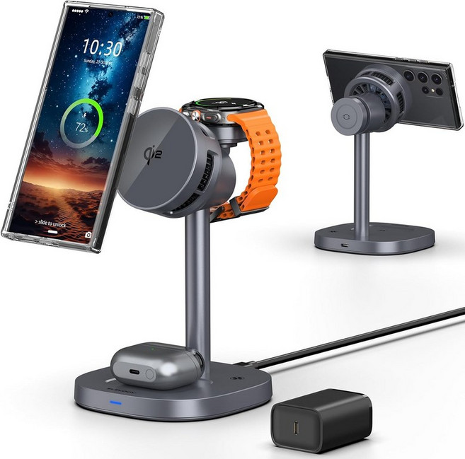 삼성용 마그네틱 무선 충전기 TEC 냉각 팬이 장착된 Qi2 안드로이드 MagSafe 충전소 삼성 갤럭시 S26 울트라용 3 in 1 나이트스탠드 정리함 워치 울트라 8 버즈4