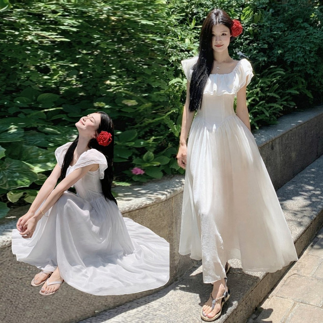 【梨卡】隔日到貨 女裝 洋裝 長裙 連身長裙 露肩斜肩 荷葉邊連身裙 氣質長裙 法式 一字肩洋裝HZ053, 白色