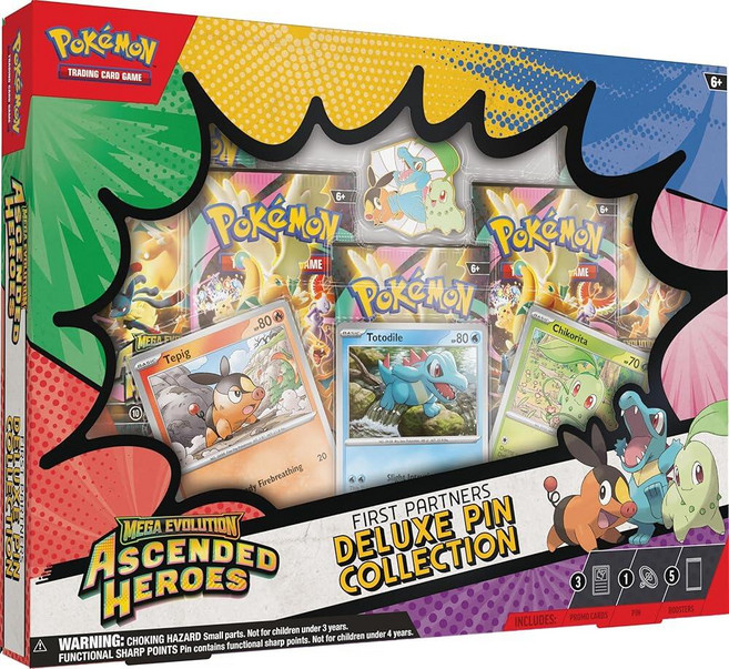 Pokémon TCG: Mega Evolution—Ascended Heroes First Partners 디럭스 핀 컬렉션 (포일 프로모션 카드 3장 1개 및 부스터 팩 5, 포켓몬 트레이딩 카드 게임 메가 진화—승천한 영웅들 최