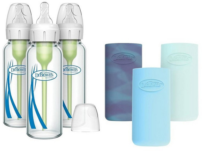 미국출고 평점4.5+ 235501 닥터 옵션스 플러스 내로우넥 유리 젖병 250ml & 슬리브 각 3개입, Glow/Blue/Mint, 8 oz