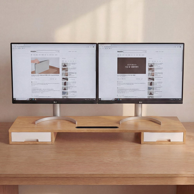 듀얼 모니터 받침대 수납 서랍형 거치대 와이드 모니터 거치, 원목 컬러