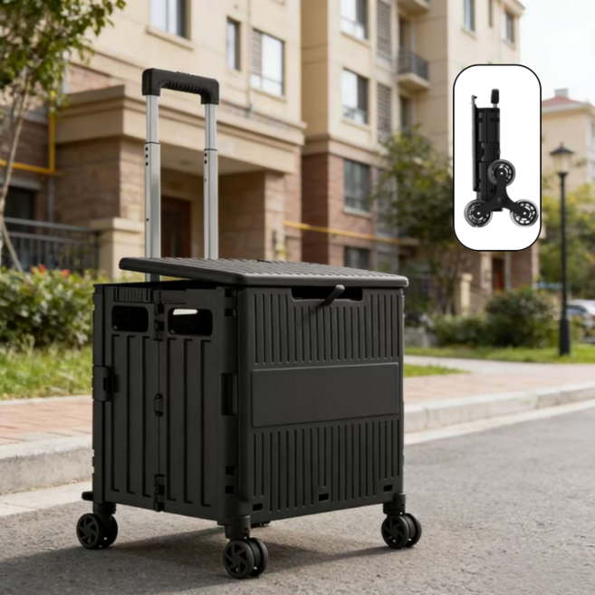 3바퀴 계단 폴딩 쇼핑카트 일체형 슬라이딩 뚜껑 무소음 바퀴 핸드카트 다용도 피크닉 카트, 1개, 블랙