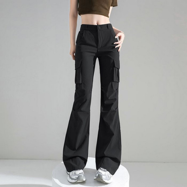 SAHINER 여성 와이드 핏 카고 포켓 팬츠 밴딩 봄가을 BKZ16