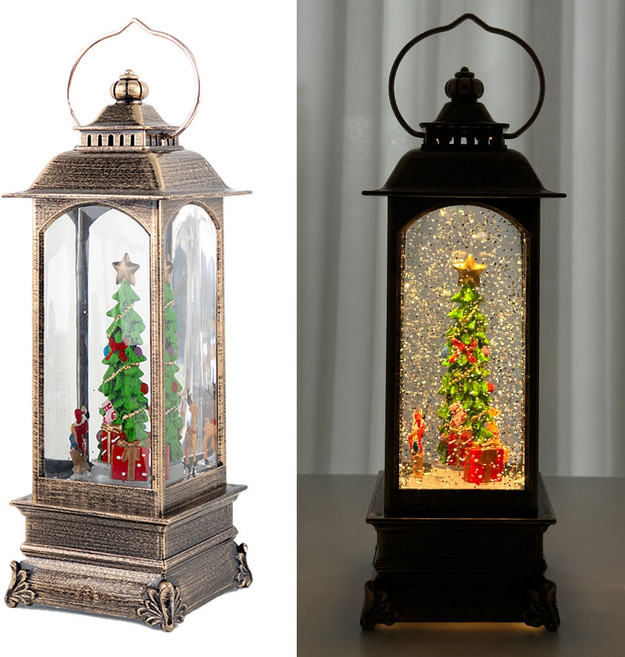 생활양식 크리스마스 무드등 스노우볼 눈사람 트리 산타 사각 워터랜턴, 트리와 산타