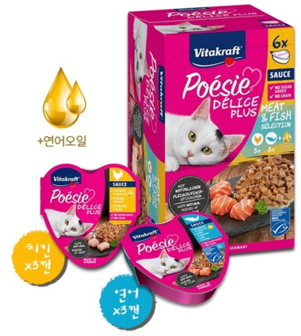 비타크래프트 고양이 델리스 플러스 멀티팩 하트캔 2종 x 3p 세트, 닭+연어, 510g, 1세트 - 쿠팡