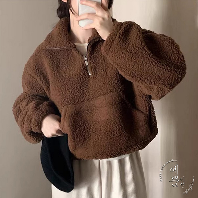 예쁨시전 곰돌핏 뽀글이 반집업 아노락 스트링 플리스 맨투맨